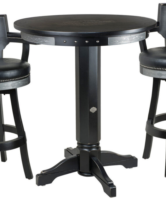 Harley Davidson Pub Table with Backrest Stools Set - Bar and Shield Flames Vintage Black