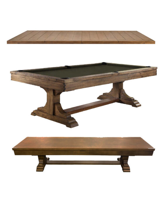 Dallas 8 Foot Pine Antique Honey Pool Table with FREE Dining Table Top and Bench