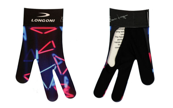 Longoni Left Hand Billiard Glove - Blue/Pink Neon Triangles - Image 2